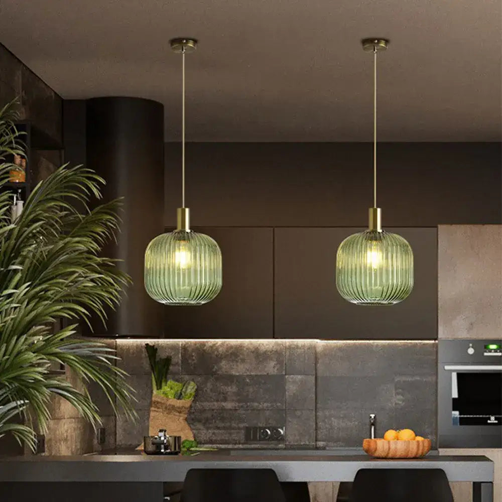 Retro ribbed amber glass pendant lights for dining room