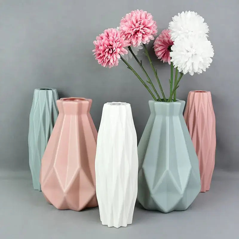 Modern pink & white faceted flower vase for living room home decor