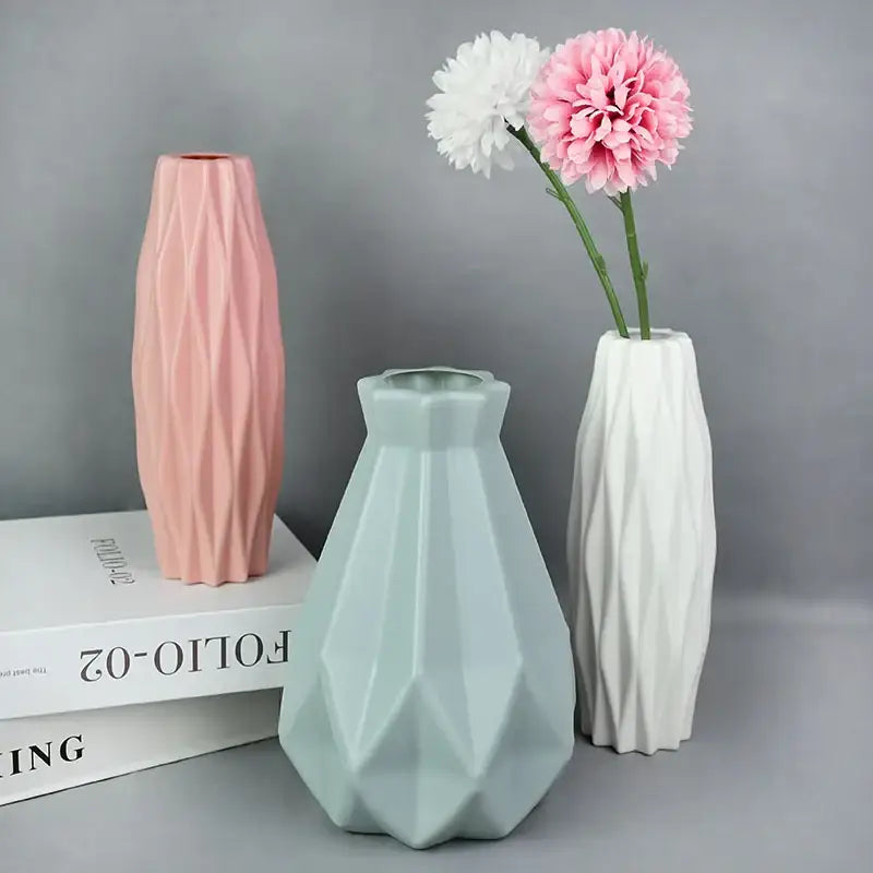 Modern pink & white faceted flower vase for living room home decor