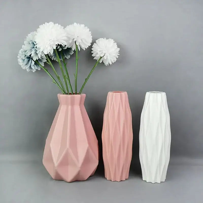 Modern pink & white faceted flower vase for living room home decor