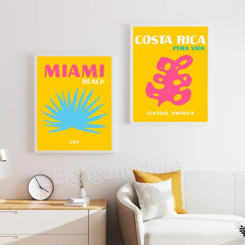 Modern turquoise and yellow travel posters art print living room