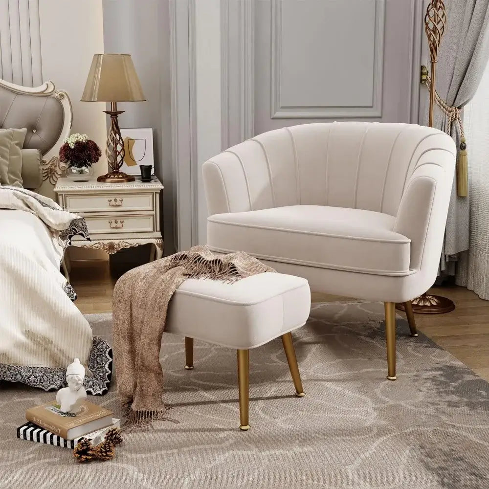Decorbites comfortable beige bucket armchair and ottoman living room