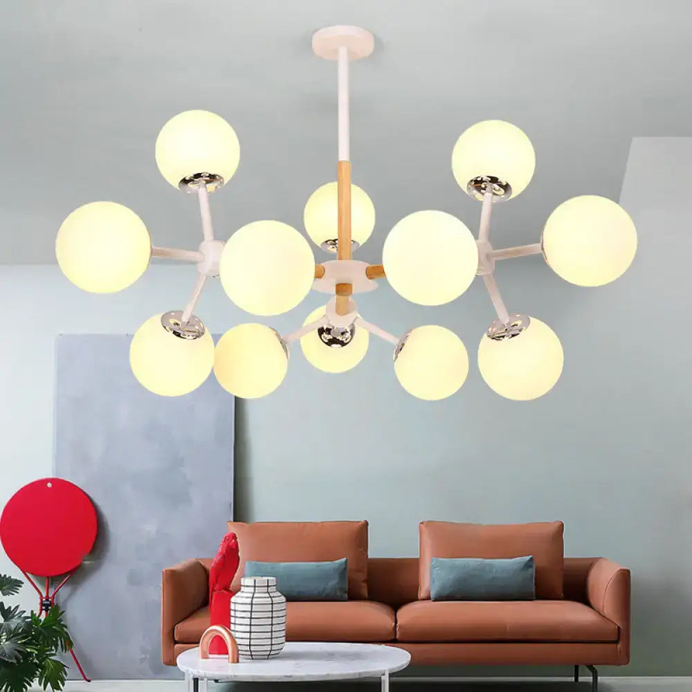 Modern wood and white glass globe chandelier – dining room light