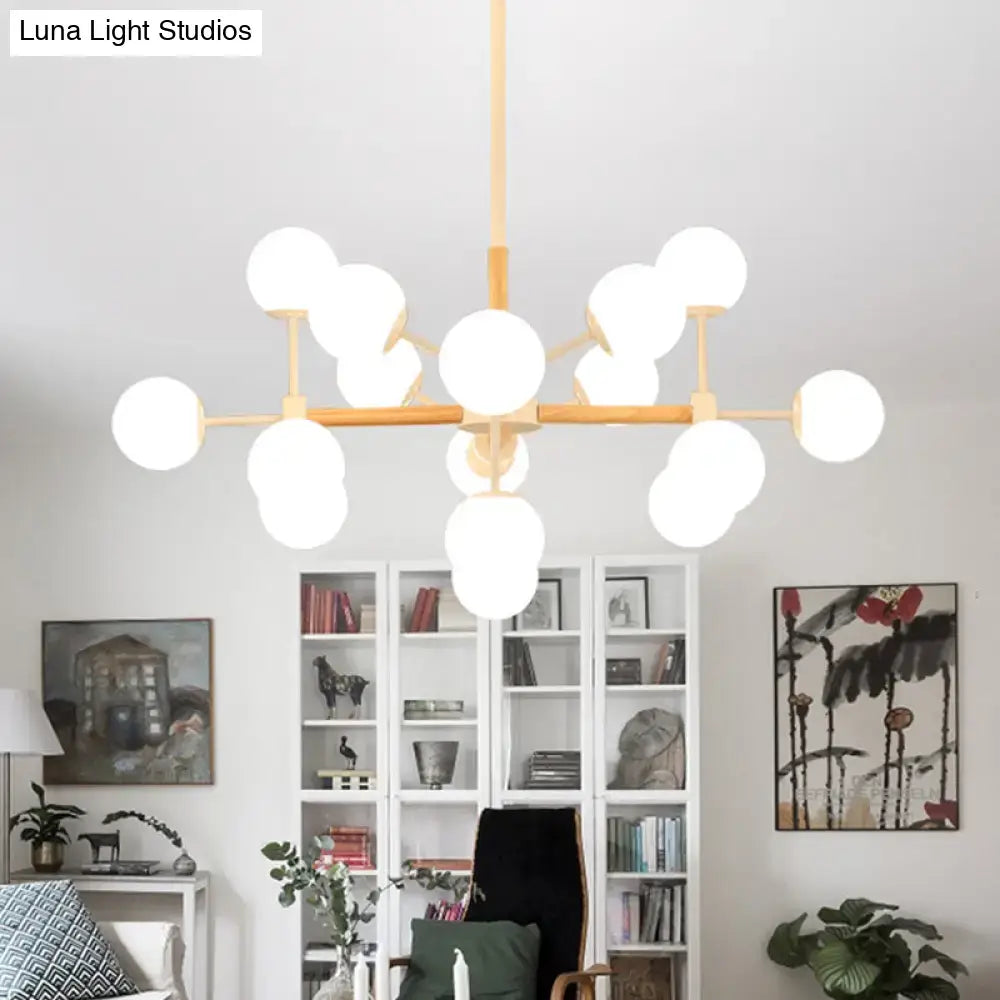 Modern wood and white glass globe chandelier – dining room light