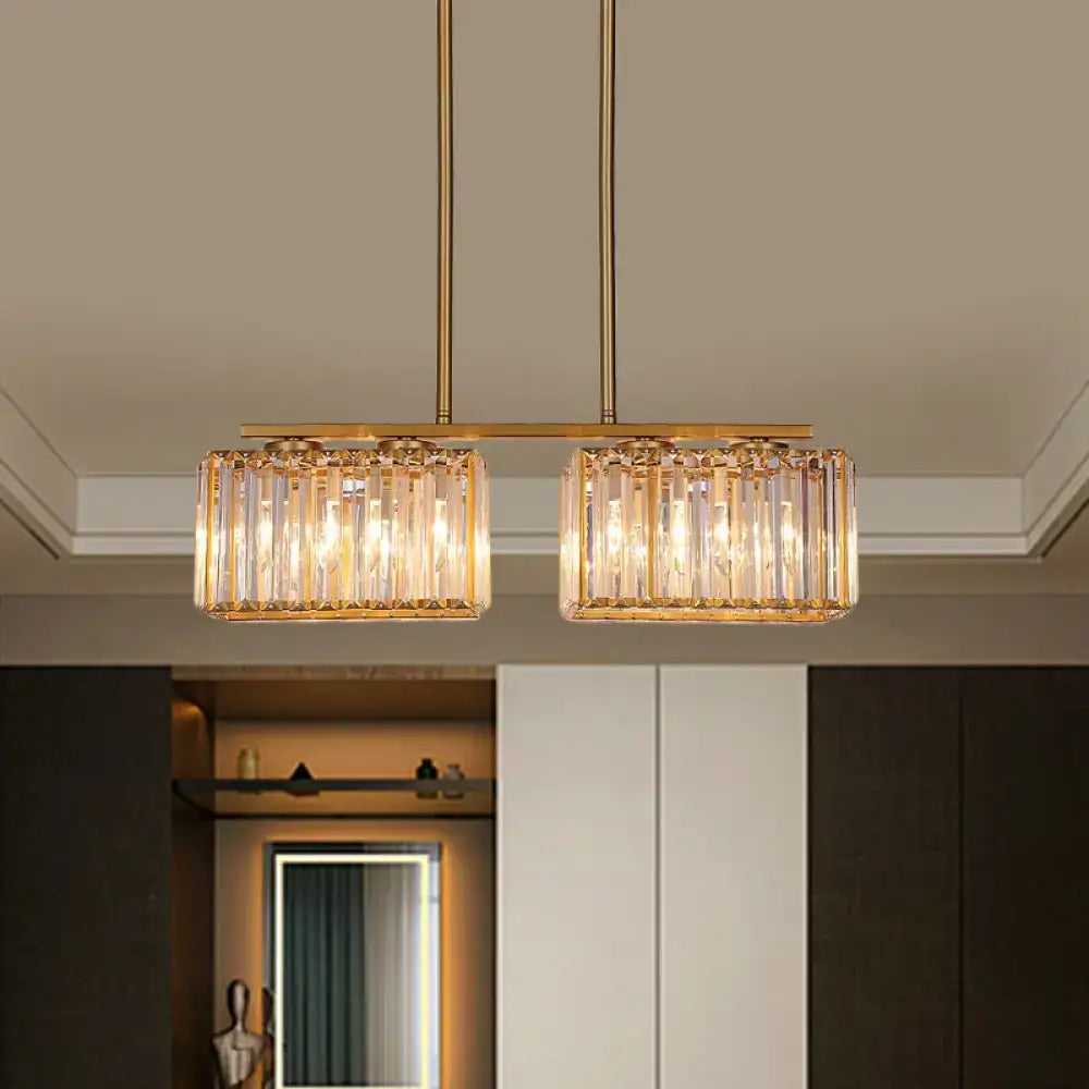 Modern gold linear chandelier with clear cuboid crystal dining room