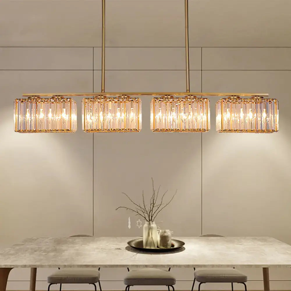 Modern gold linear chandelier with clear cuboid crystal dining room