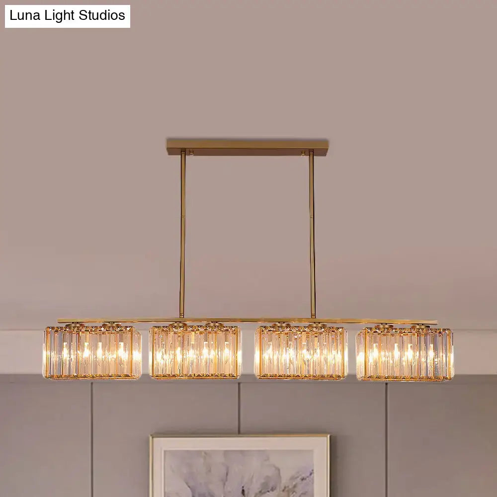 Modern gold linear chandelier with clear cuboid crystal dining room