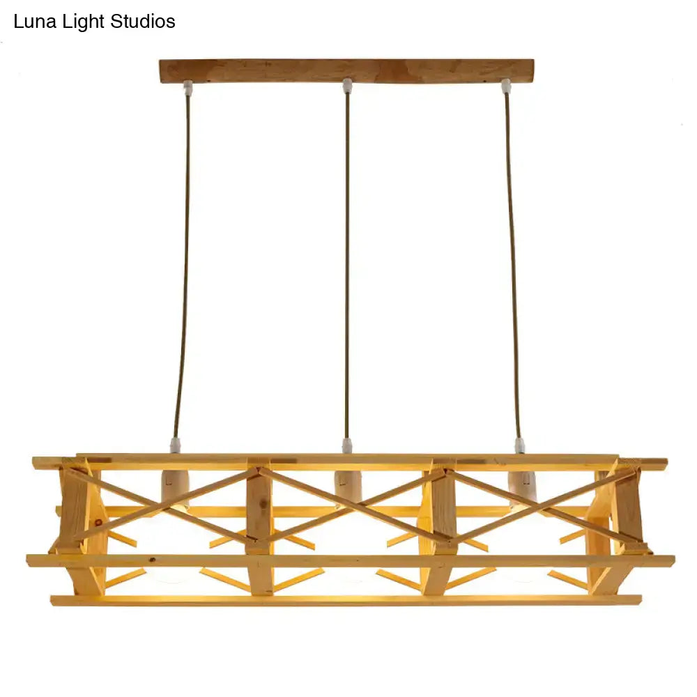 Rustic beige wooden rectangular cage island lamp dining room