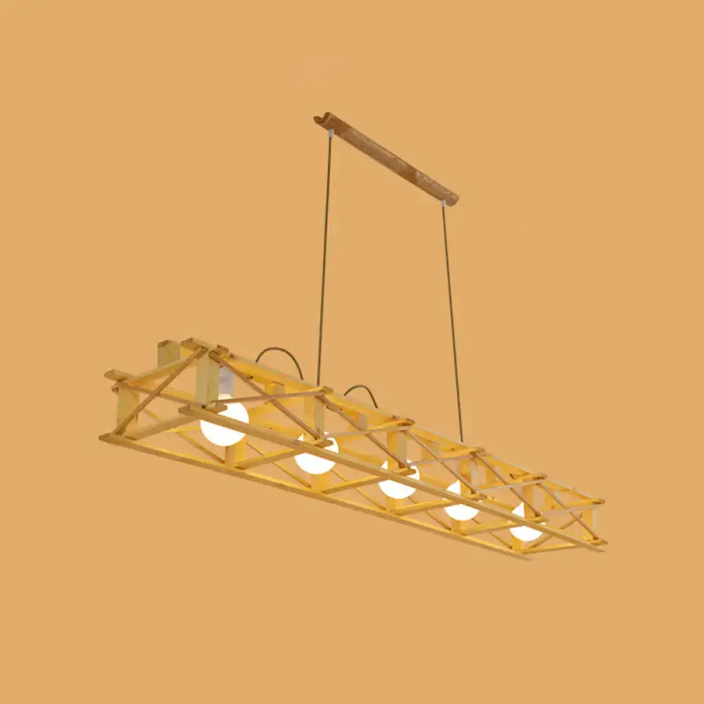 Rustic beige wooden rectangular cage island lamp dining room