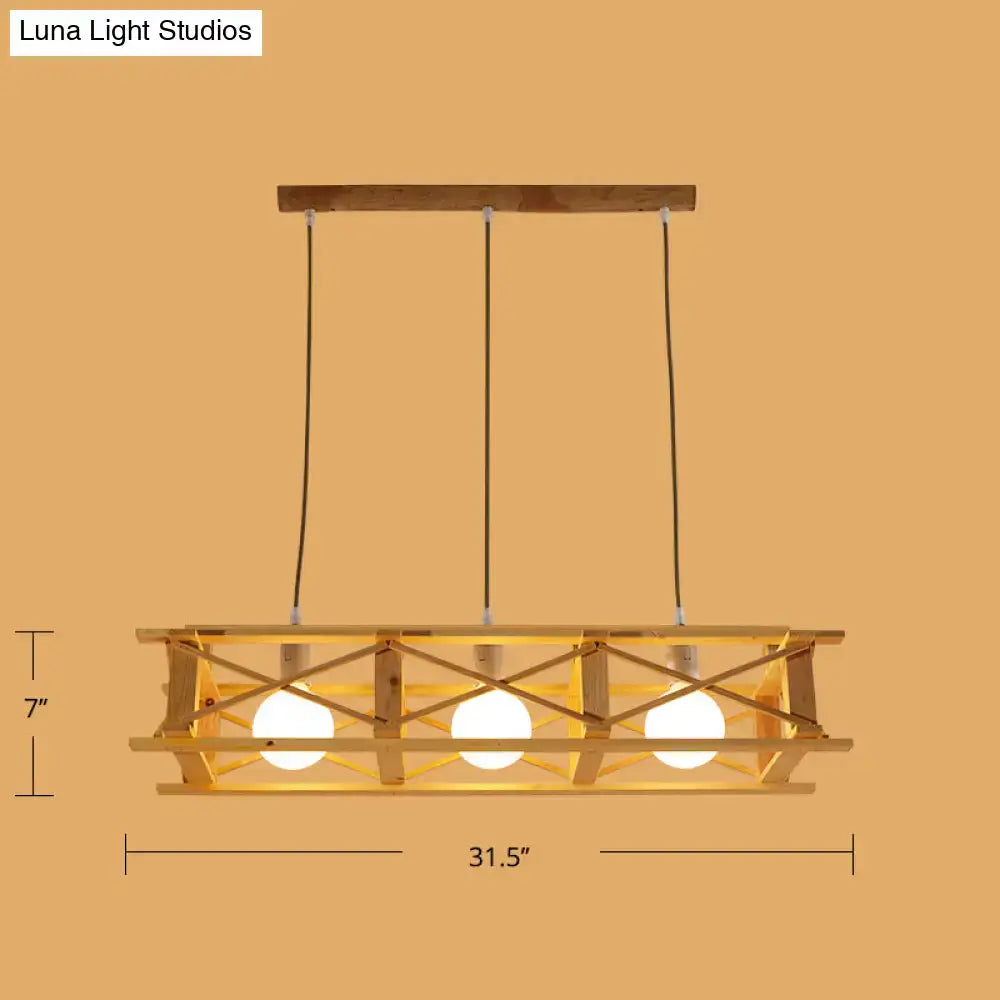 Rustic beige wooden rectangular cage island lamp dining room