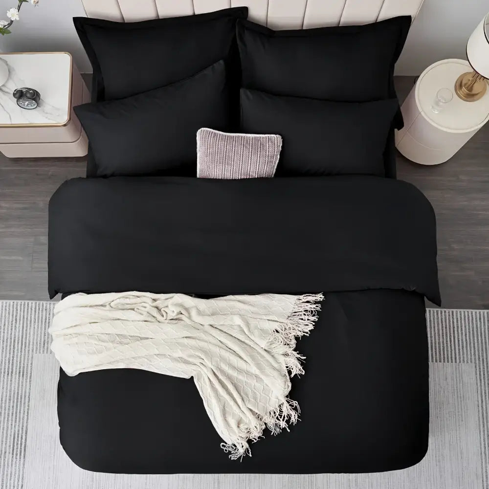 Black satin cotton duvet cover set bedroom textured pillow accent