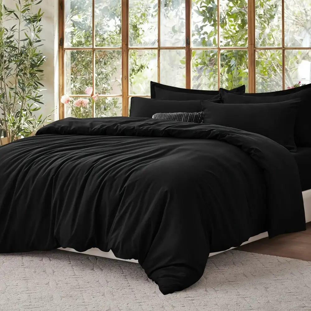 Black satin cotton duvet cover set bedroom textured pillow accent