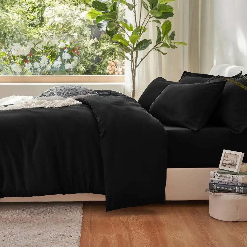 Black satin cotton duvet cover set bedroom textured pillow accent