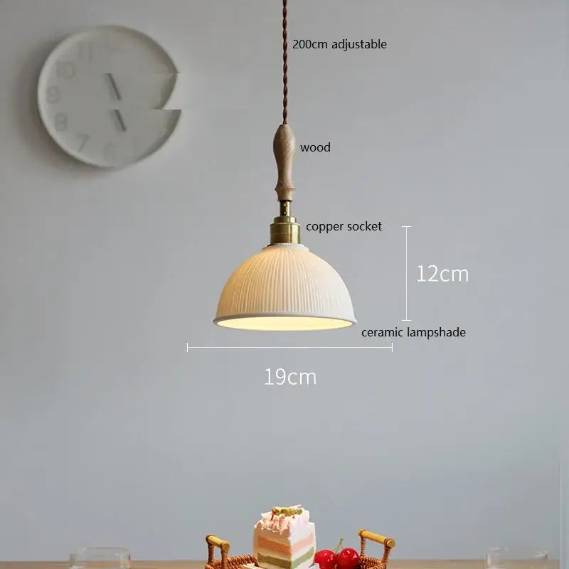 Vintage cream ceramic led pendant lamp kitchen ribbed glass shade