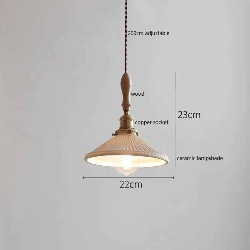 Vintage cream ceramic led pendant lamp kitchen ribbed glass shade