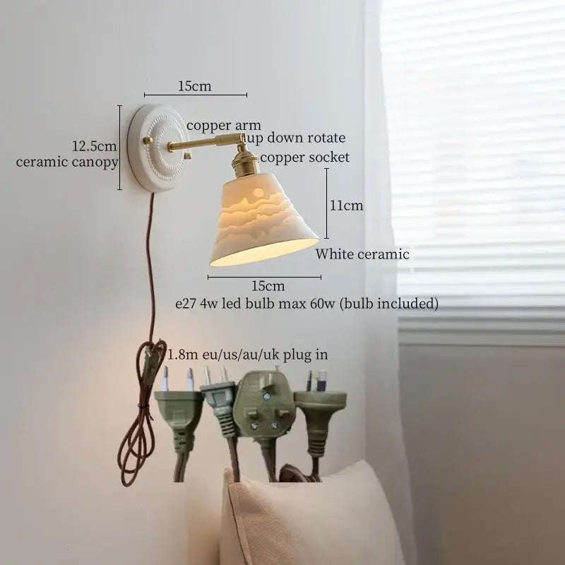 White and gold copper ceramic led wall lamp for living room
