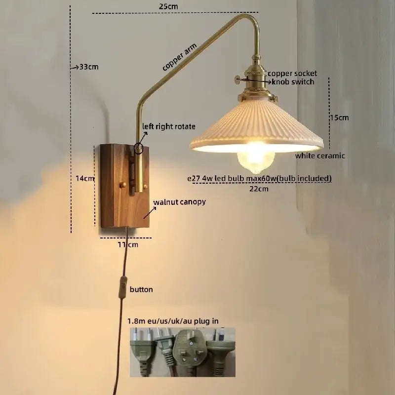 Modern brass and copper ceramic led wall lamps for bedroom