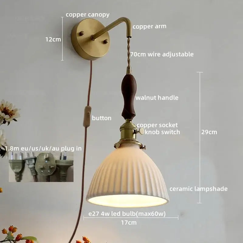 Vintage brass and dark wood led wall lamps bedroom glass sconce