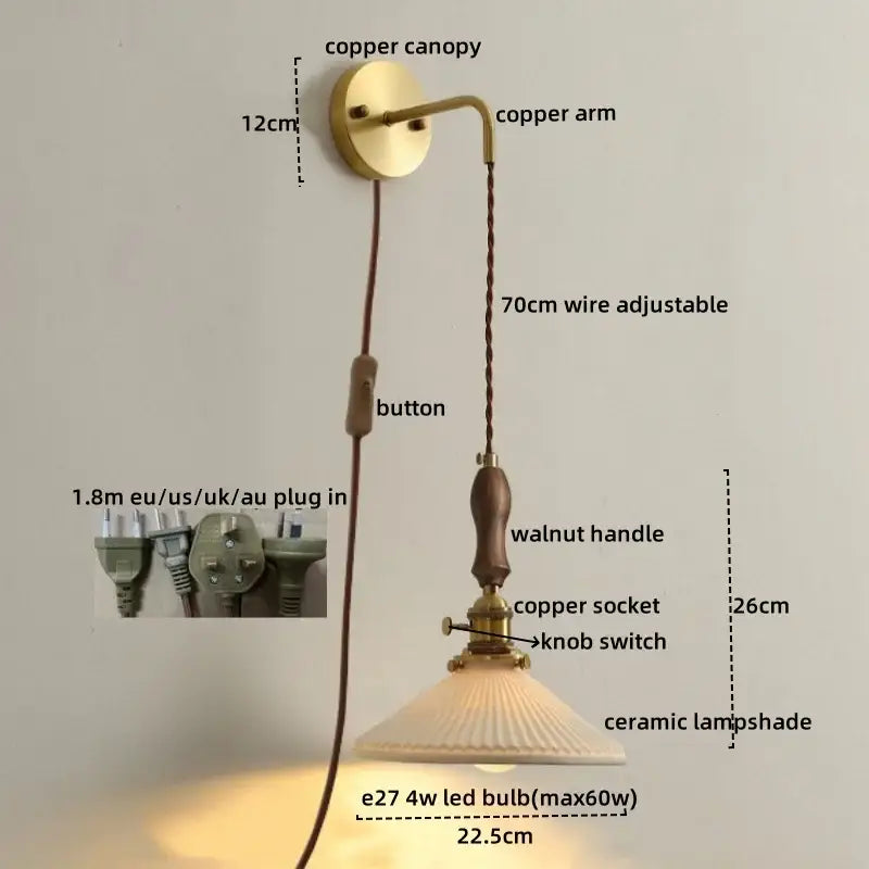 Vintage brass and dark wood led wall lamps bedroom glass sconce