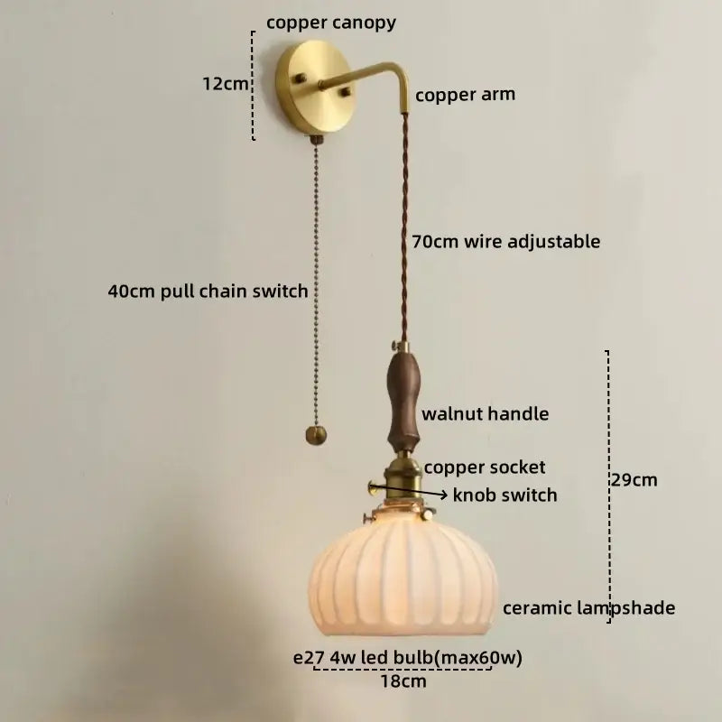 Vintage brass and dark wood led wall lamps bedroom glass sconce