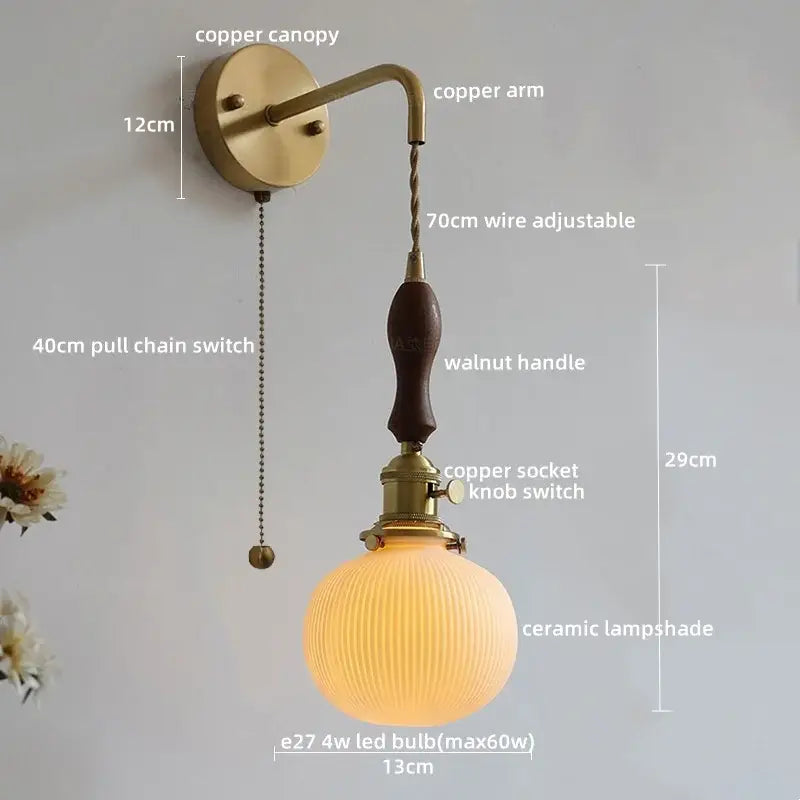 Vintage brass and dark wood led wall lamps bedroom glass sconce