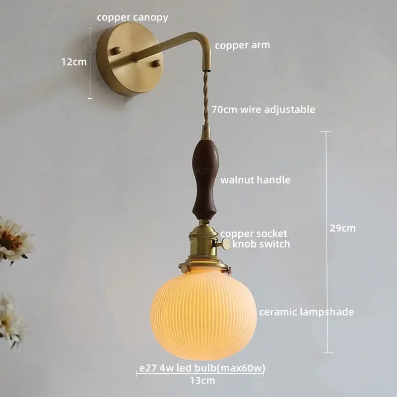 Vintage brass and dark wood led wall lamps bedroom glass sconce