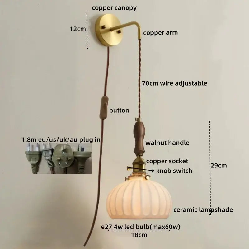 Vintage brass and dark wood led wall lamps bedroom glass sconce