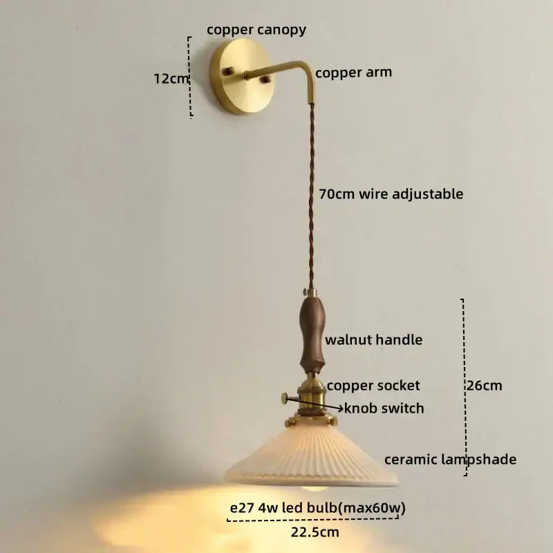 Vintage brass and dark wood led wall lamps bedroom glass sconce