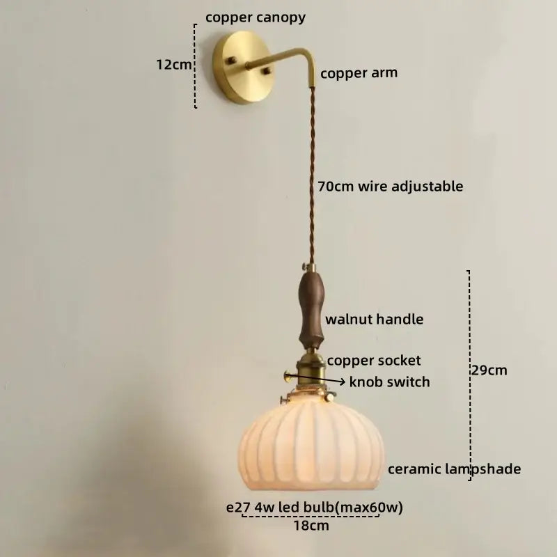 Vintage brass and dark wood led wall lamps bedroom glass sconce