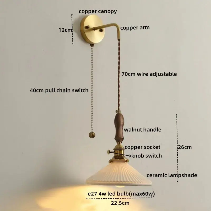 Vintage brass and dark wood led wall lamps bedroom glass sconce