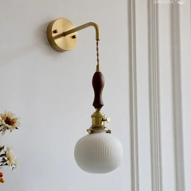 Vintage brass and dark wood led wall lamps bedroom glass sconce