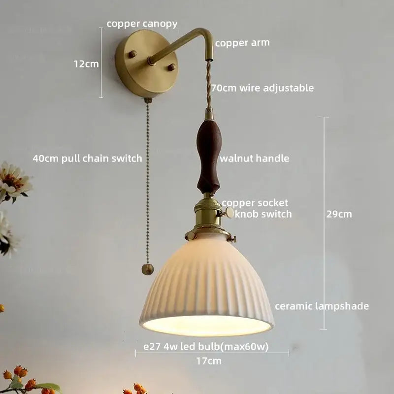 Vintage brass and dark wood led wall lamps bedroom glass sconce
