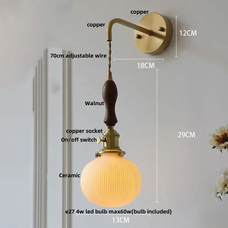 Modern copper ceramic led wall light with ribbed glass for bedroom