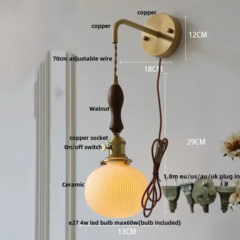 Modern copper ceramic led wall light with ribbed glass for bedroom