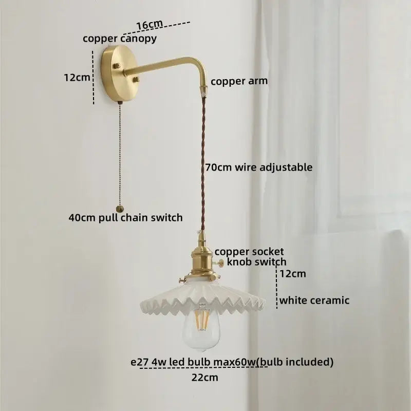 Vintage brass and ceramic led wall light bedroom sconce