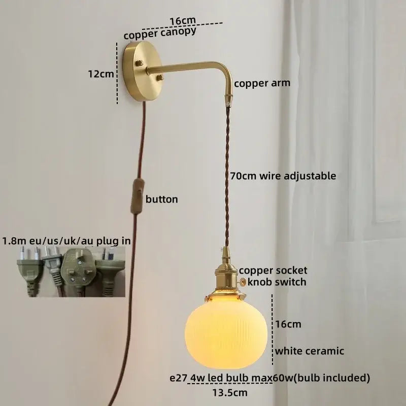 Vintage brass and ceramic led wall light bedroom sconce