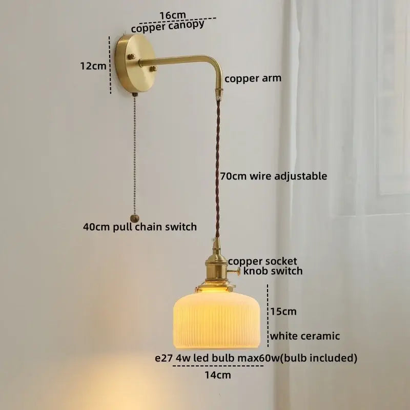 Vintage brass and ceramic led wall light bedroom sconce