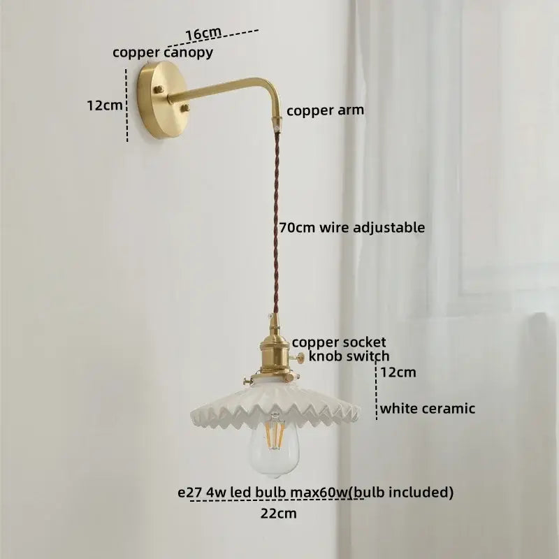 Vintage brass and ceramic led wall light bedroom sconce