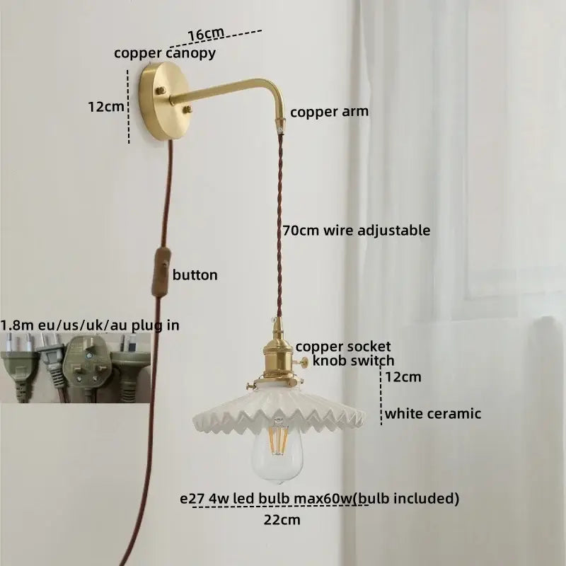 Vintage brass and ceramic led wall light bedroom sconce