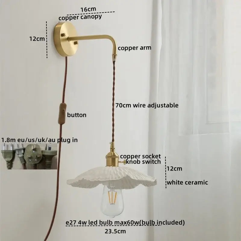 Vintage brass and ceramic led wall light bedroom sconce