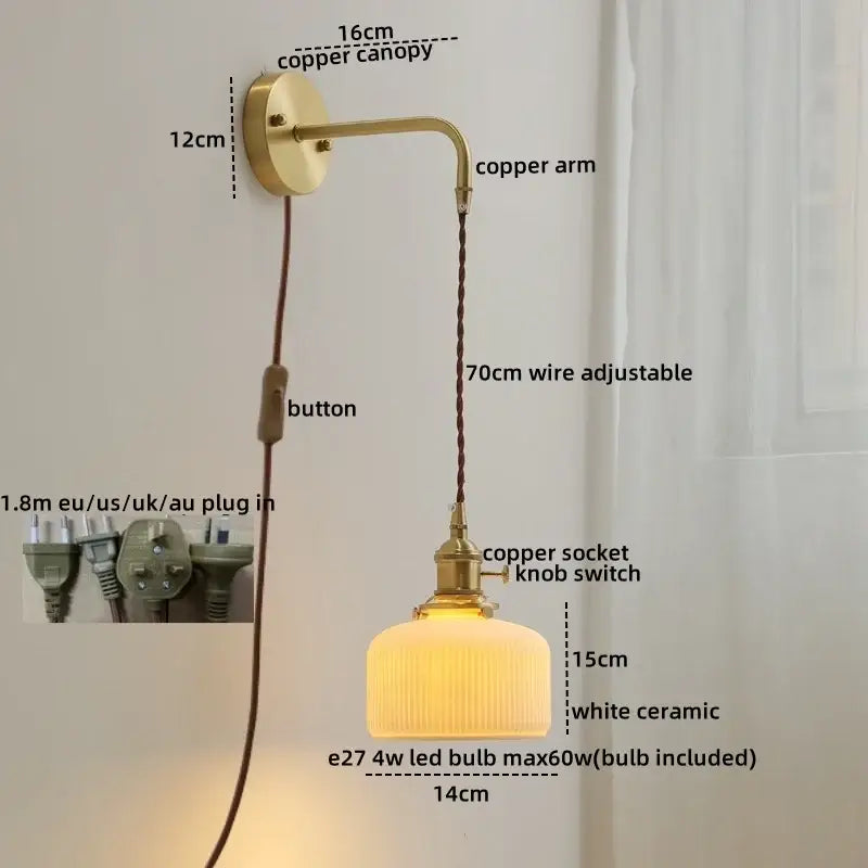 Vintage brass and ceramic led wall light bedroom sconce