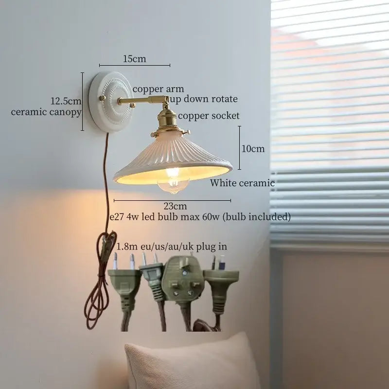 Vintage brass ceramic led wall light with ribbed glass living room
