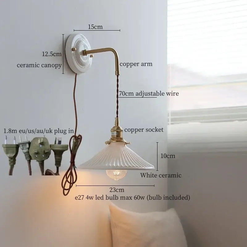 Vintage brass ceramic led wall light with ribbed glass living room