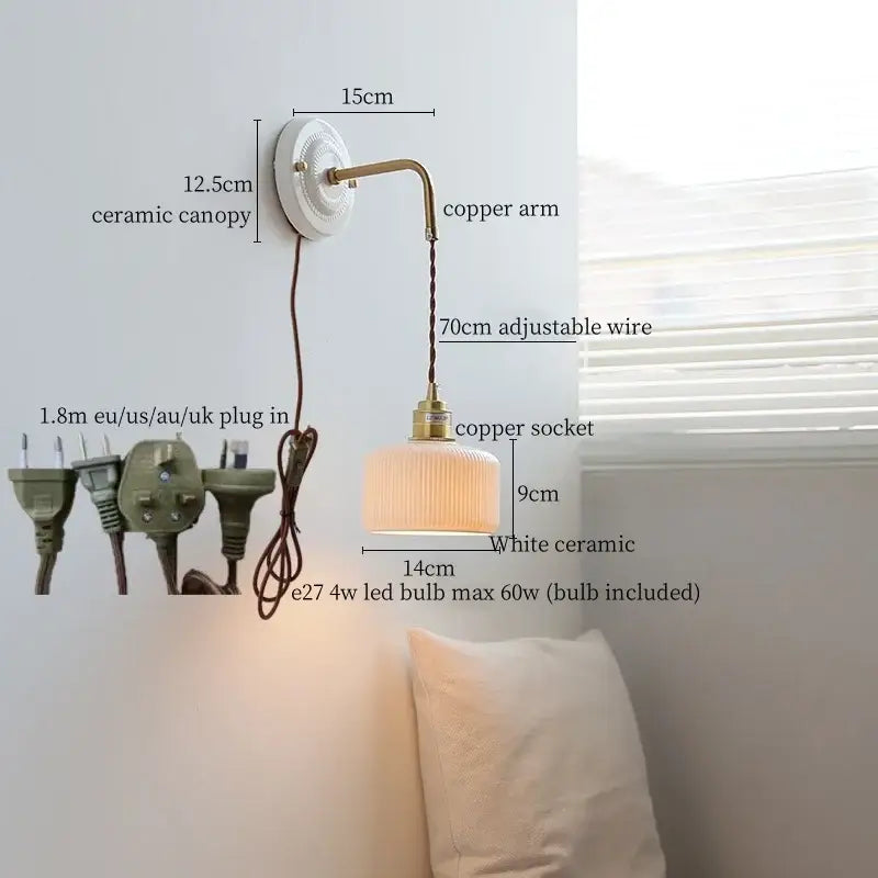 Vintage brass ceramic led wall light with ribbed glass living room