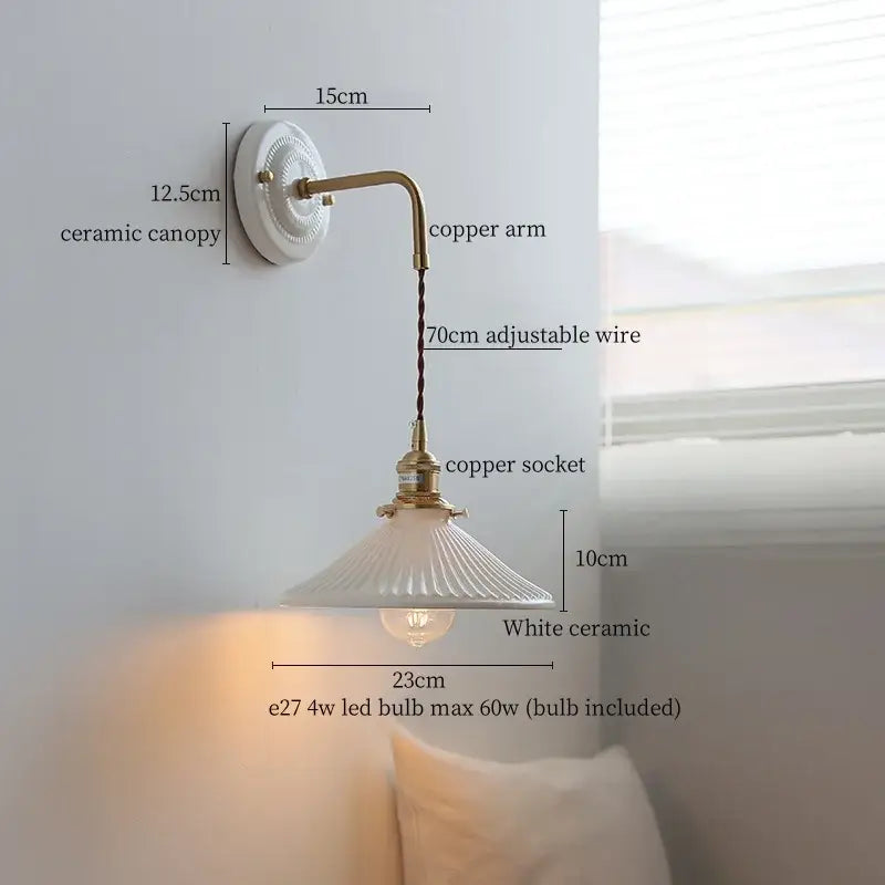 Vintage brass ceramic led wall light with ribbed glass living room