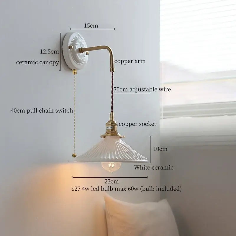 Vintage brass ceramic led wall light with ribbed glass living room