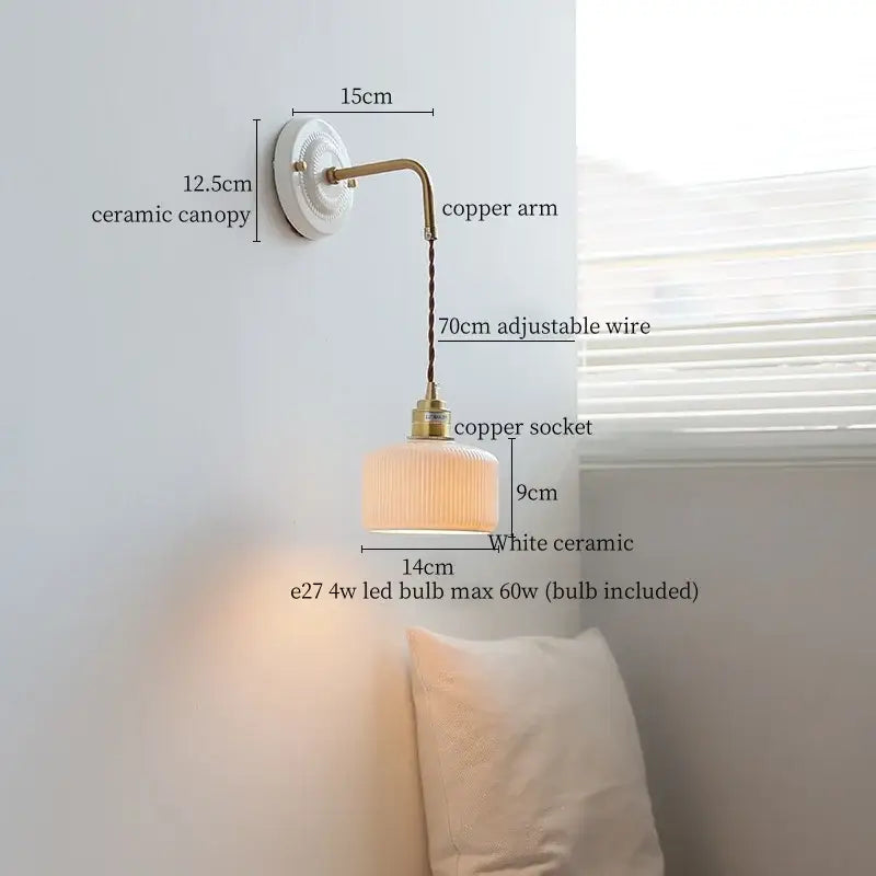 Vintage brass ceramic led wall light with ribbed glass living room