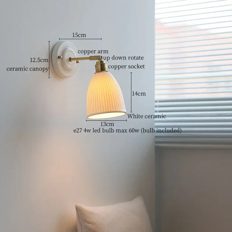 Vintage brass ceramic led wall light with ribbed glass living room