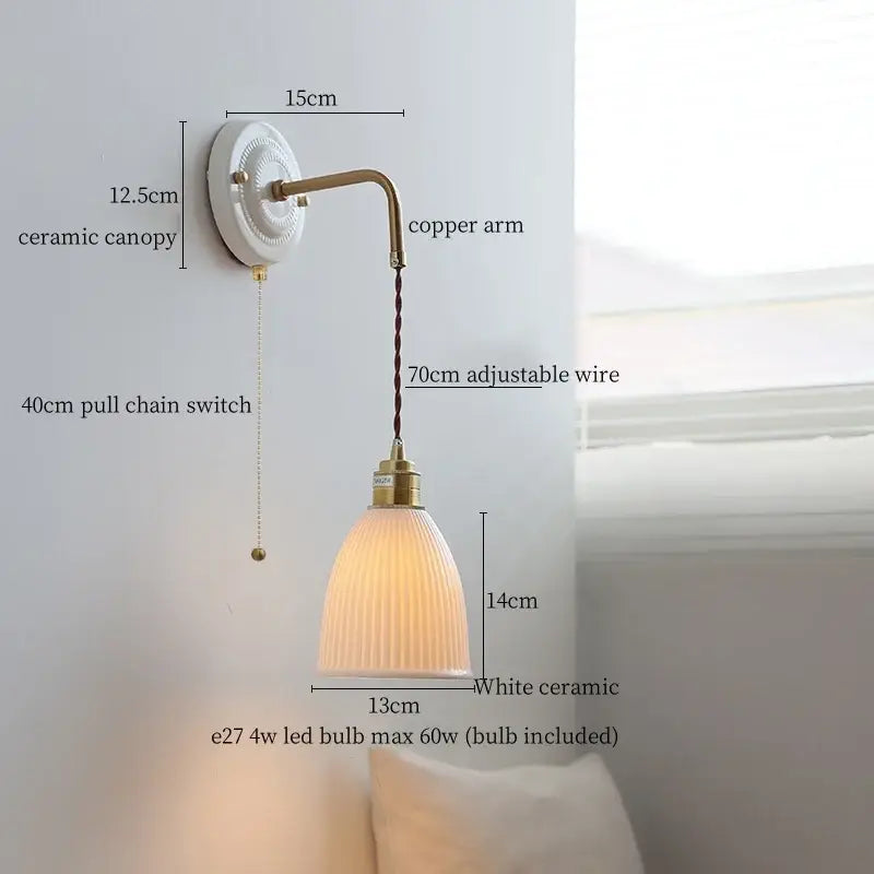 Vintage brass ceramic led wall light with ribbed glass living room