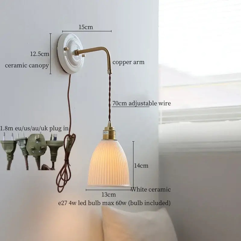 Vintage brass ceramic led wall light with ribbed glass living room